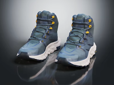 High Top Navy Blue White Shoes With Yellow Accents And Textured Soles 3d model