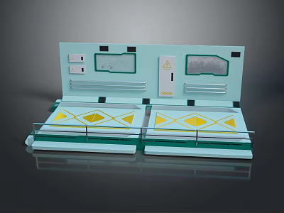 Light Blue Control Panel Structure With Two Platforms Yellow Diamond Patterns And Warning Sign 3d model