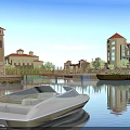 Scenic Garden Landscape with Waterfront Boat Tower Buildings Trees and Blue Sky Reflections