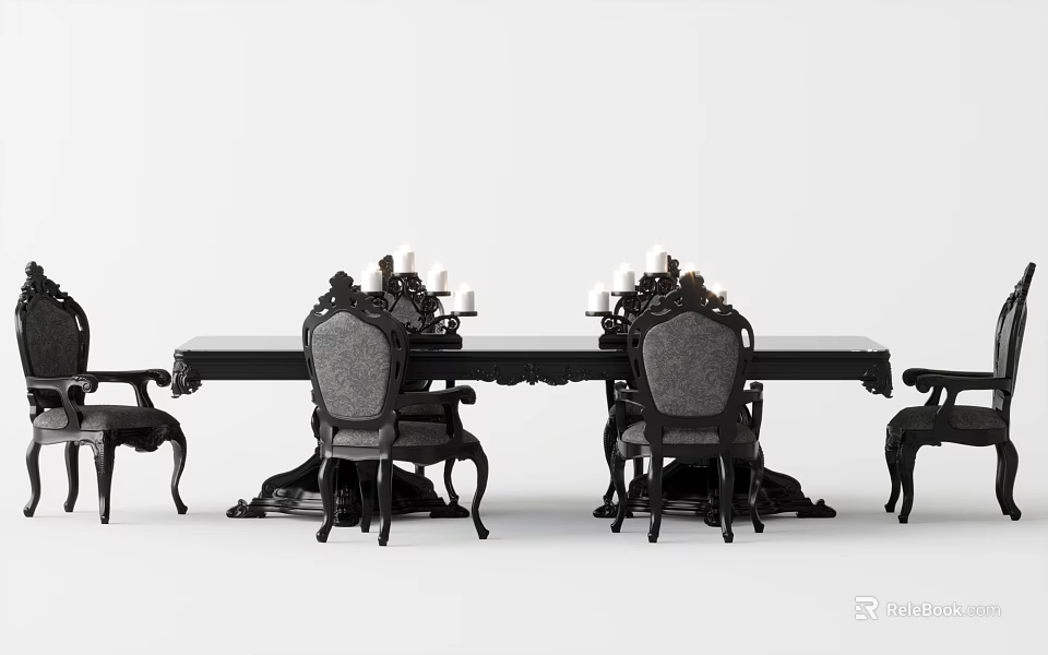 Classic Black Dining Table Set With Upholstered Chairs And Carved Legs 3d model 