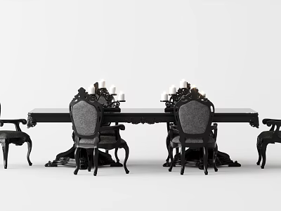 Classic Black Dining Table Set With Upholstered Chairs And Carved Legs 3d model