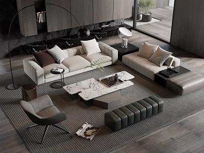 Contemporary Sofa And Coffee Table Set With Beige Upholstery Marble Top And Decorative Pillows 3d model