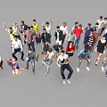 Crowd of People in Diverse Outfits and Various Poses on Gray Background 3d model