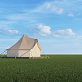 Beige Pointed Top Tent On Wooden Platform With Green Grassland Blue Sky White Clouds