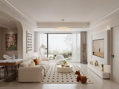 Modern Living and Dining Room Interior With White Sofa Coffee Table TV And Large Windows 3d model
