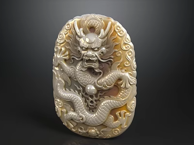 Carved Jade Dragon Ornament Decoration Set with White Yellow Relief and Cloud Patterns 3d model