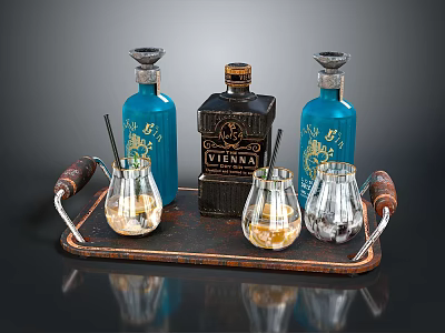 Elegant Beverage Tray Setup With Blue Black Bottles Glasses And Straws For Drink 3d model