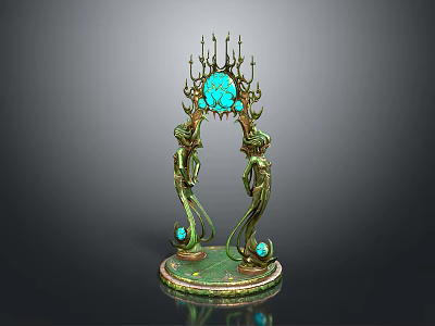 Scenic Outdoor Landscape With Green Gold Ornate Arch Featuring Blue Gemstones And Figurine Details 3d model