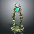 Scenic Outdoor Landscape With Green Gold Ornate Arch Featuring Blue Gemstones And Figurine Details