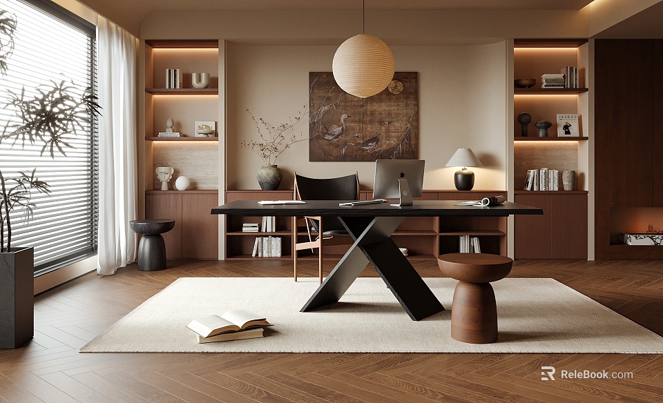 Modern Home Office Interior With Wooden Desk Built In Bookshelves Laptop And Area Rug 3d model 