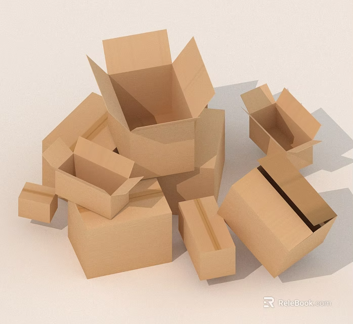 Brown Cardboard Boxes In Various Sizes Stacked With Open And Closed Tops 3d model