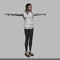 Woman In White Hoodie Black Leggings And Brown Shoes With Arms Outstretched On Gray Background