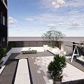 Roof Top Garden Patio Design with Tiled Flooring Pergola Flowers and Water Feature