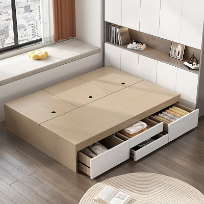 Modern Double Bed With Storage Drawers And Window Side Bookshelf Interior 3d model