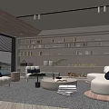Cozy Living Dining Room with Wooden Ceiling Pendant Lights Bookshelves Fireplace and White Sofas