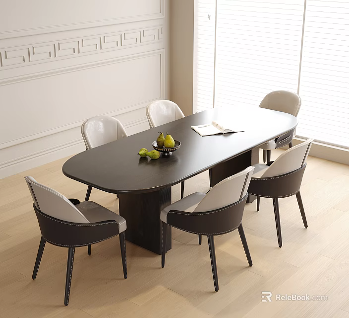 Elegant Modern Dining Table With Leather Chairs Fruit Bowl And Natural Light By Window 3d model 