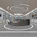 Modern Exhibition Space Interior With Wooden Strip Ceiling Circular Light Strips Sofa And Display Cabinets