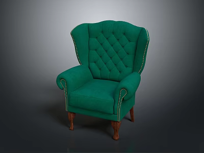 Green Tufted Armchair With Curved Armrests And Wooden Legs Design 3d model