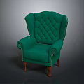 Green Tufted Armchair With Curved Armrests And Wooden Legs Design