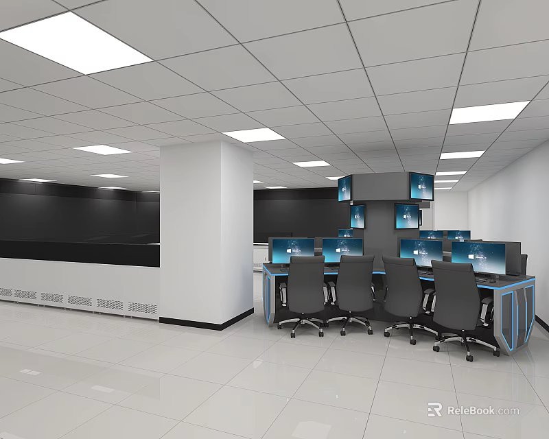 Modern Monitoring Room With Multiple Monitor Screens Workstations And Ceiling Lights 3d model 
