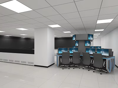 Modern Monitoring Room With Multiple Monitor Screens Workstations And Ceiling Lights 3d model