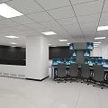 Modern Monitoring Room With Multiple Monitor Screens Workstations And Ceiling Lights
