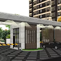 Modern Entrance Gate Between High Rise Buildings With Trees And Green Plants