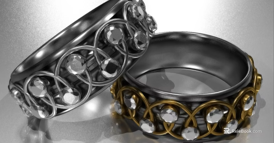 Elegant Silver And Gold Rings With Intricate Braided Design And Sparkling Gemstones 3d model 