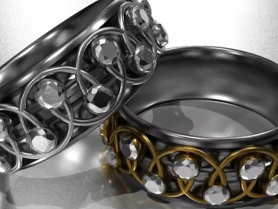 Elegant Silver And Gold Rings With Intricate Braided Design And Sparkling Gemstones 3d model