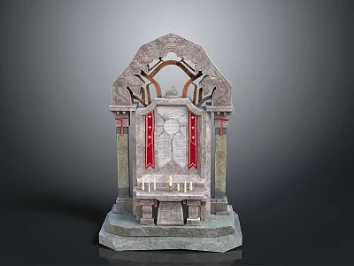 Ornate Stone Altar Structure With Arched Design Red Drapery And Pedestal 3d model