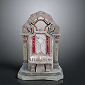 Ornate Stone Altar Structure With Arched Design Red Drapery And Pedestal