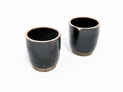 Set Of Two Black Ceramic Cups Handcrafted Vintage Design With Natural Clay Base 3d model