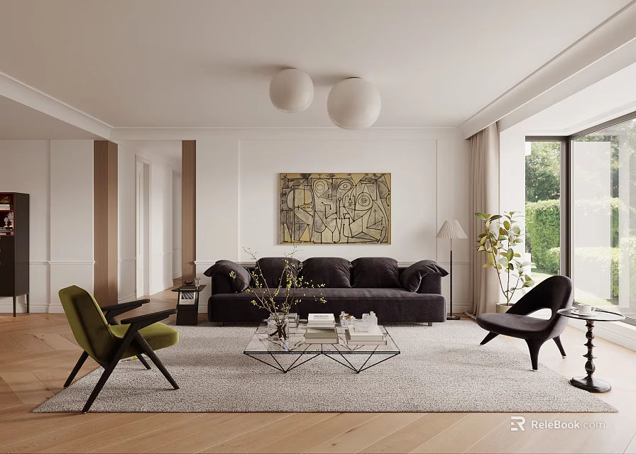 Modern Living Room With Black Sofa Glass Coffee Table Green Chair Abstract Art Spherical Lights 3d model 