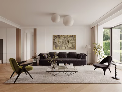 Modern Living Room With Black Sofa Glass Coffee Table Green Chair Abstract Art Spherical Lights 3d model
