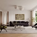 Modern Living Room With Black Sofa Glass Coffee Table Green Chair Abstract Art Spherical Lights