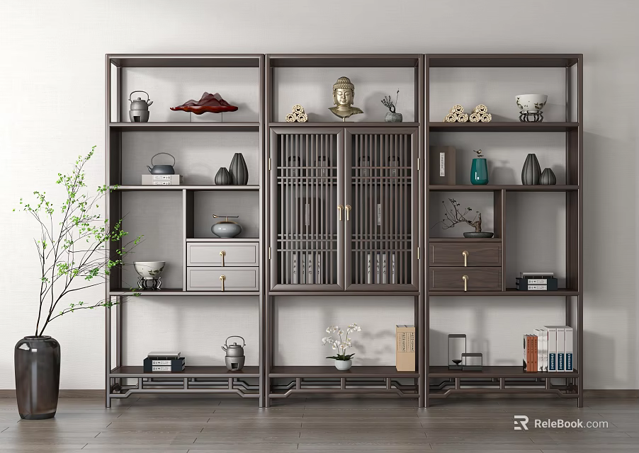 Traditional Chinese Curio Shelf with Multiple Compartments Displaying Vases Ornaments Books in Elegant Interior 3d model 