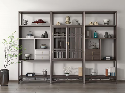 Traditional Chinese Curio Shelf with Multiple Compartments Displaying Vases Ornaments Books in Elegant Interior 3d model