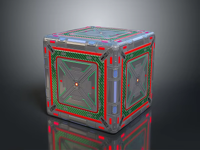 Futuristic Cube Structure with Green Red Lines Grid Patterns and Glowing Mechanical Nodes 3d model