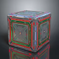 Futuristic Cube Structure with Green Red Lines Grid Patterns and Glowing Mechanical Nodes 3d model