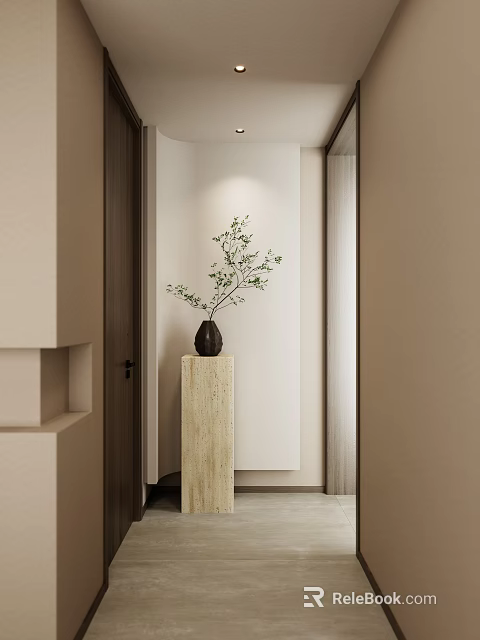 Minimalist Entryway Hallway Interior Design With Light Colored Wall Pedestal Vase And Green Plant 3d model 
