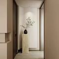 Minimalist Entryway Hallway Interior Design With Light Colored Wall Pedestal Vase And Green Plant