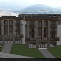 Multi Storey Residential Building With Modern Traditional Design Tile Roof Balconies Stone Facade Green Lawn