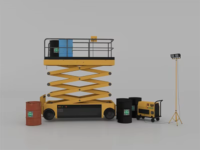 Yellow Hydraulic Scissor Lift With Black Drums And Tripod Light Setup 3d model