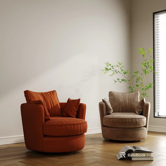 Stylish Single Sofa in Orange and Beige Fabric with Green Plant by Window on Wooden Floor 3d model 