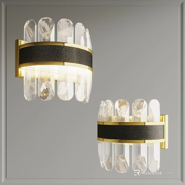 Modern Crystal Wall Sconce With Golden Brass Frame And Leather Trim 3d model 