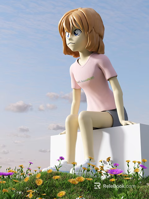 Doll Sitting on White Cube in Pink T-shirt With World Adventure Text Blue Sky Clouds 3d model 