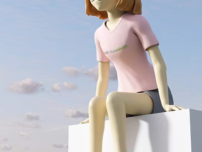 Doll Sitting on White Cube in Pink T-shirt With World Adventure Text Blue Sky Clouds 3d model