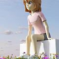 Doll Sitting on White Cube in Pink T-shirt With World Adventure Text Blue Sky Clouds