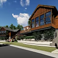 Rustic Wooden Houses With Balconies And Greenery Under Clear Blue Sky