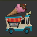 Pink Ice Cream Cone With Chocolate Drizzle On Colorful Ice Cream Truck